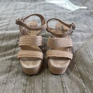 Soda Beige/Tan Braided Espadrille Platform Sandals with Ankle Buckle